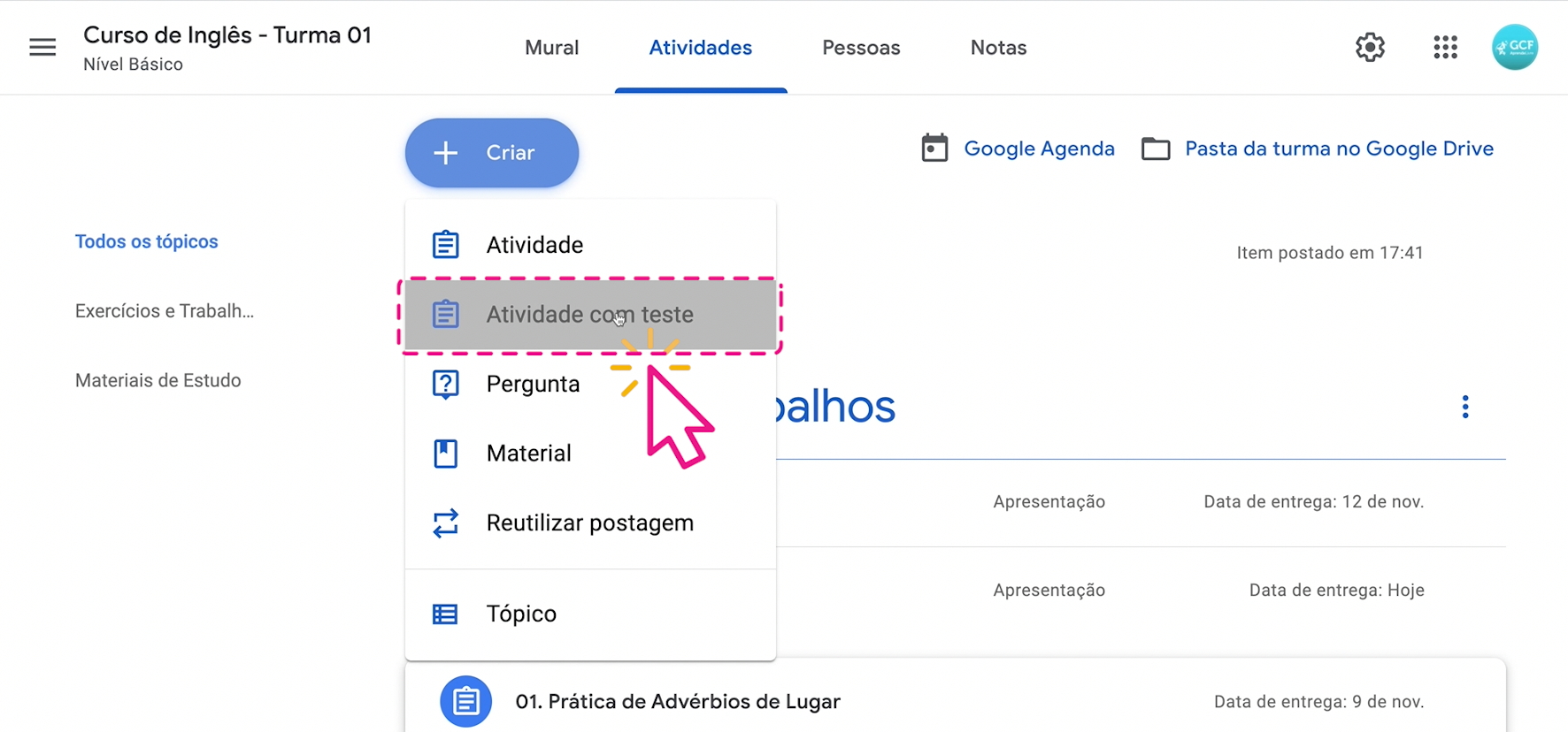 como criar atividades, exercícios e trabalhos no google sala de aula 30